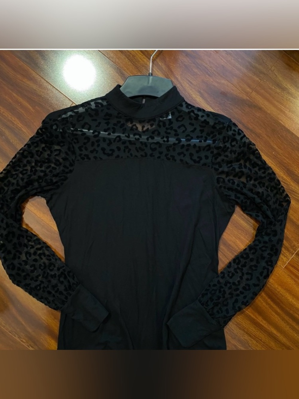 Venus Black Gothic Mock Neck Leopard mesh Velvet Accent Long Sleeve Top